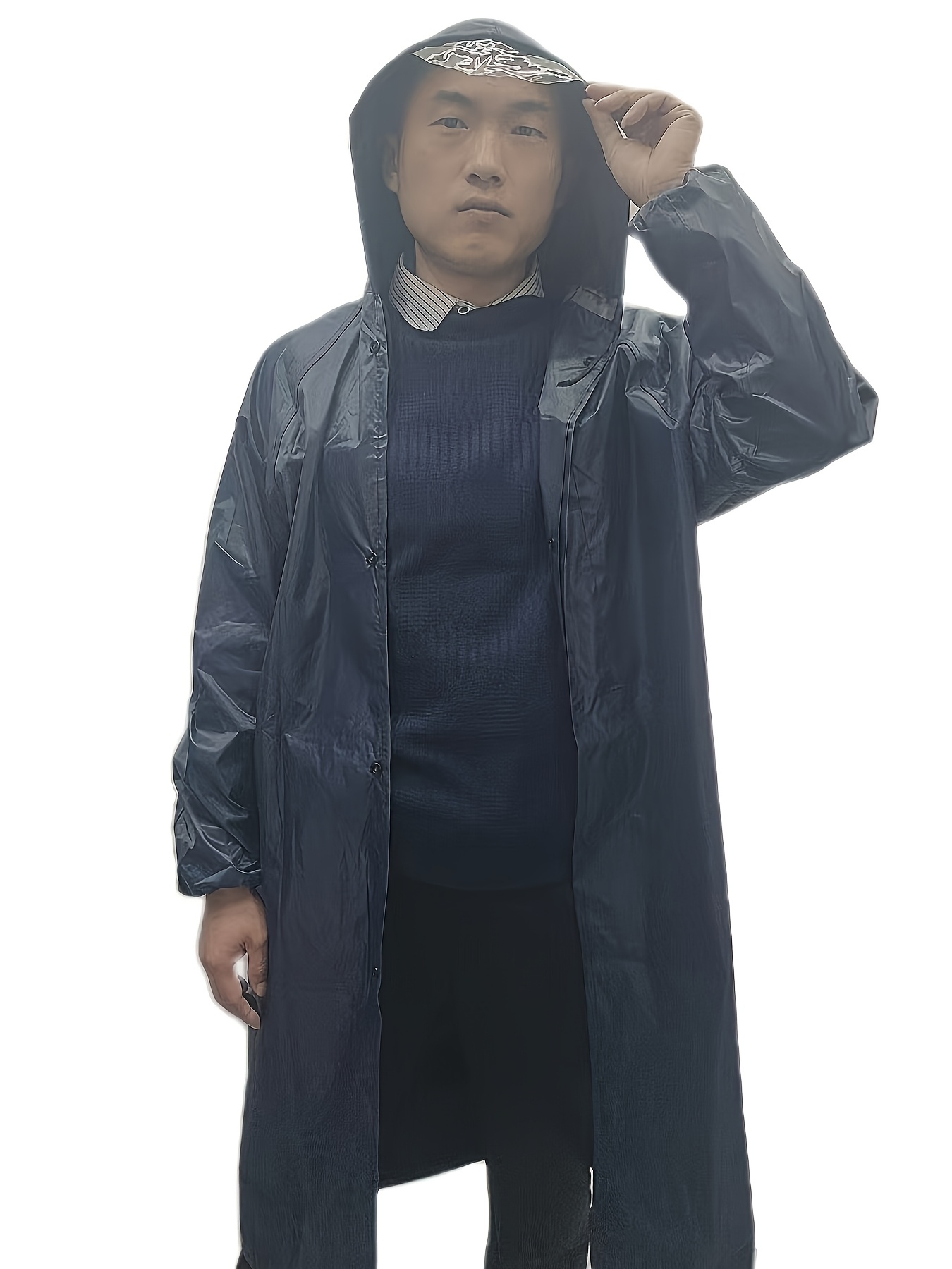 mens waterproof pvc raincoat hood extra long durable outdoor
