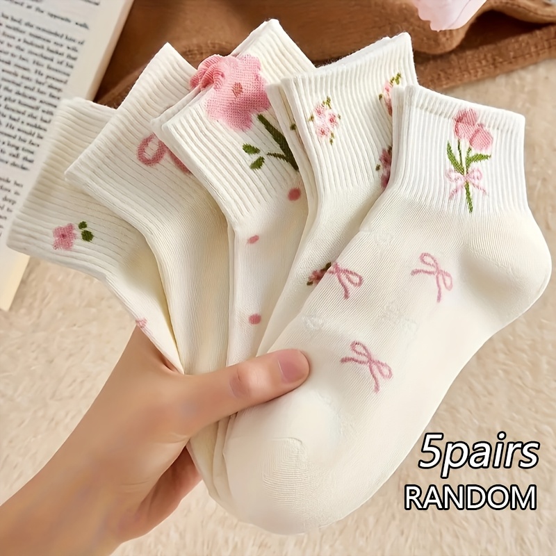 5 pairs random womens cute flower bow pattern   calf socks fresh and elegant for dressing breathable and comfortable suitable for casual and formal occasions cute socks   socks short socks