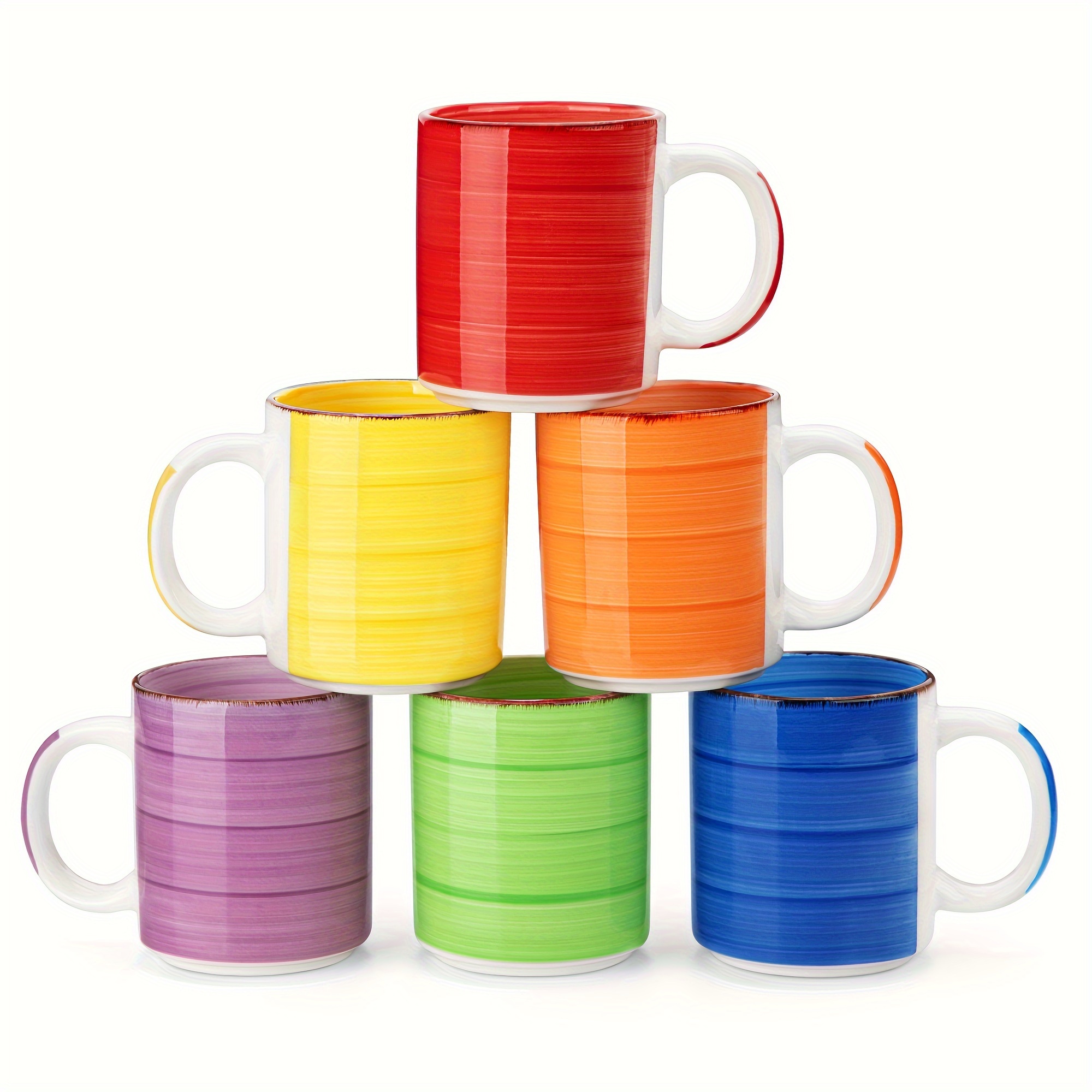 E-shop 6 Stück Kaffeebecher Steingut 480ML Buntes Set aus 6 Kaffeetassen für Cappuccino, Latte, Tee,