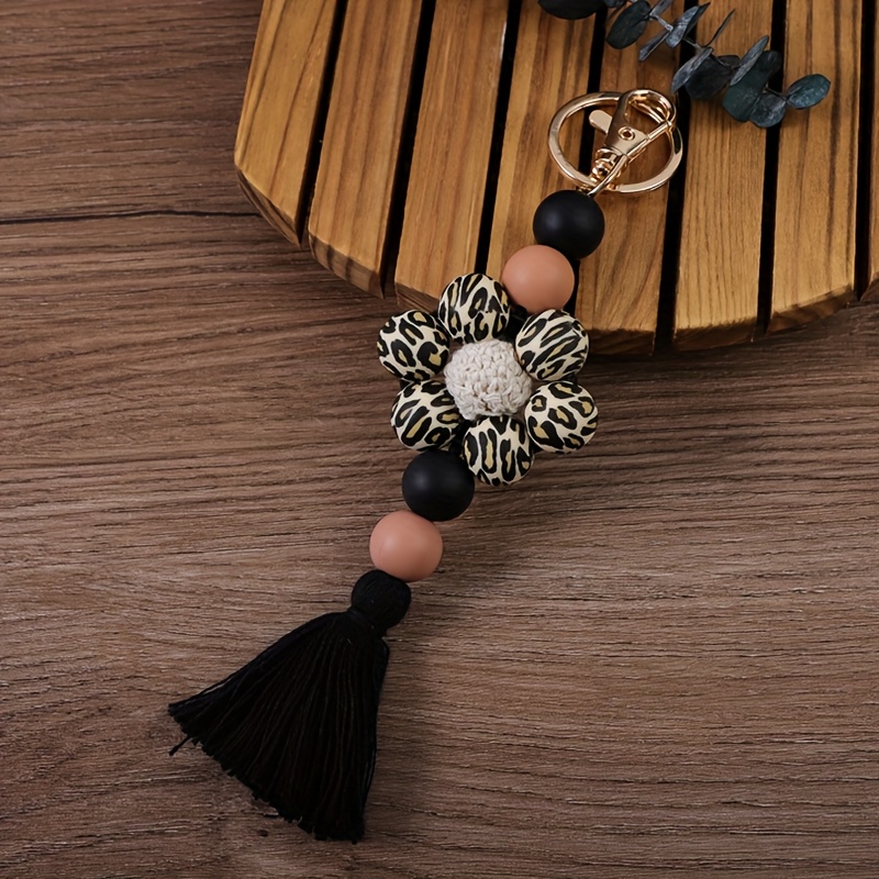 Image of A Leopard Print Beaded Cow Print Beaded Tassel Keychain, Bag Charm Accessory, Car Key Pendant, Gift For , Gift For Mom, Holiday Gift