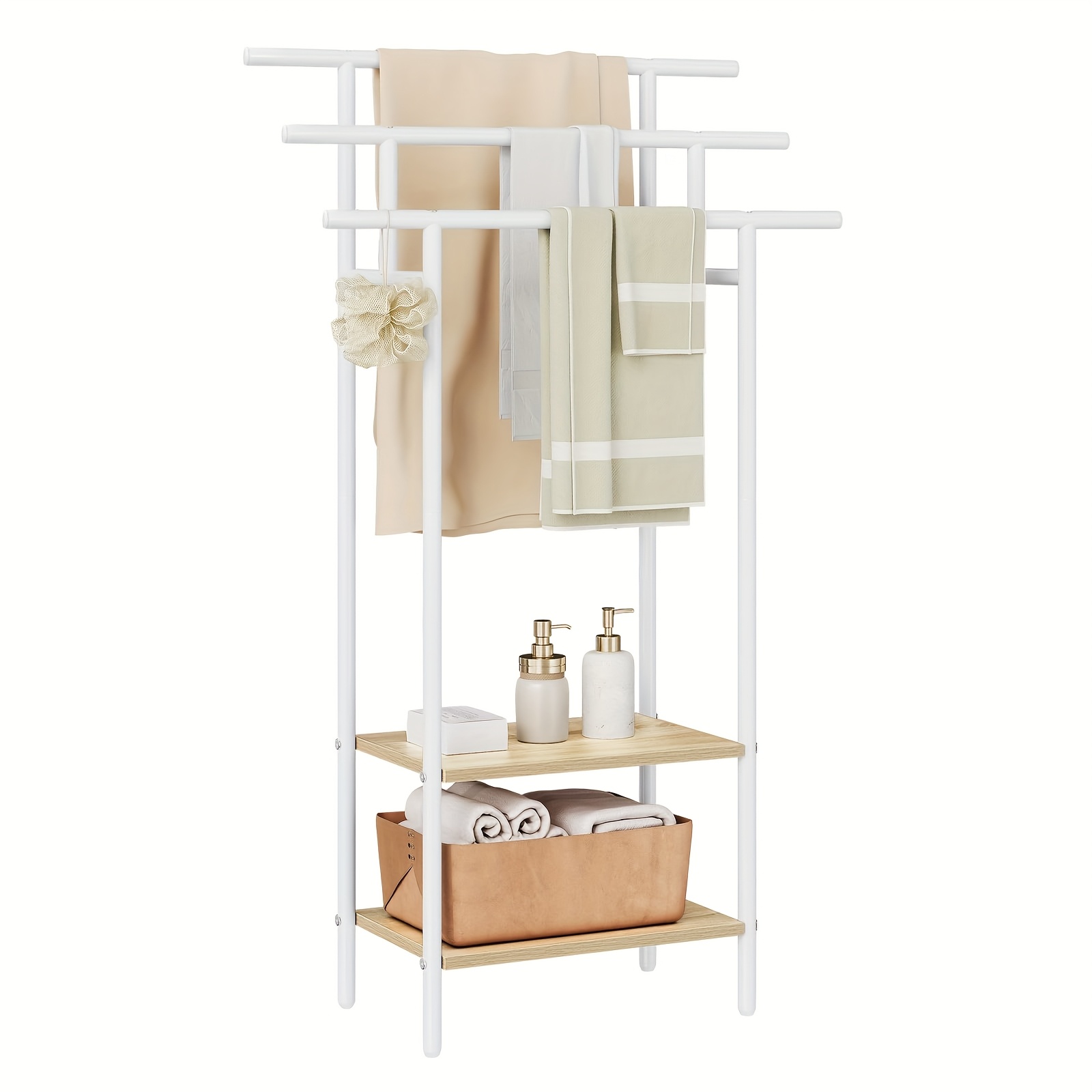 1pc Storage Shelf, Hand Towel Rack, Towel Rail Freestanding For Bathroom, With 3 Towel Rails, Bath Towel Holder With 2 Shelves, For Towels, Bath, Clothing, Space-, Made Of Metal Wood Material, Shelves