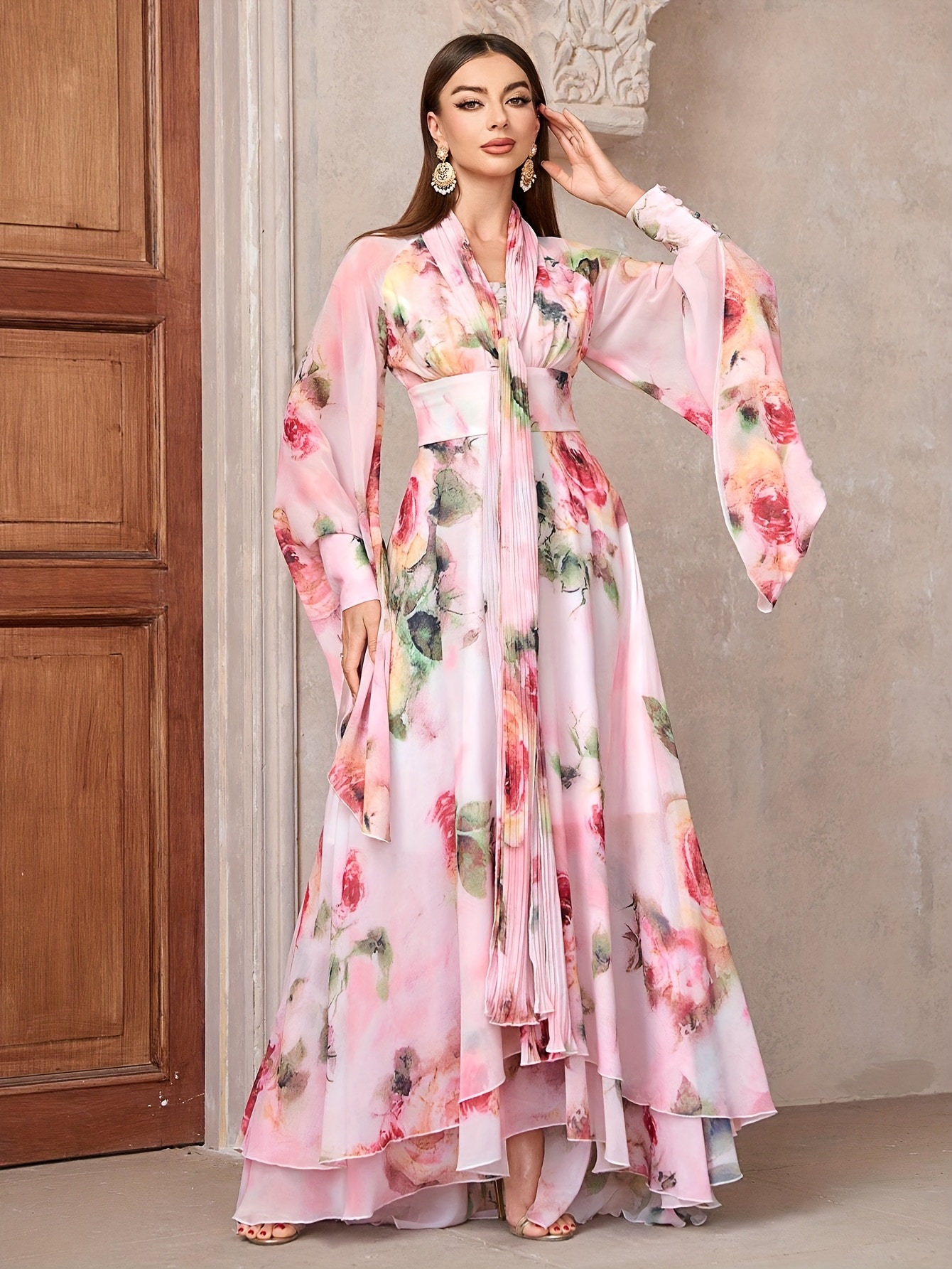 elegant floral print high waisted bell sleeve maxi dress - Temu United  Kingdom