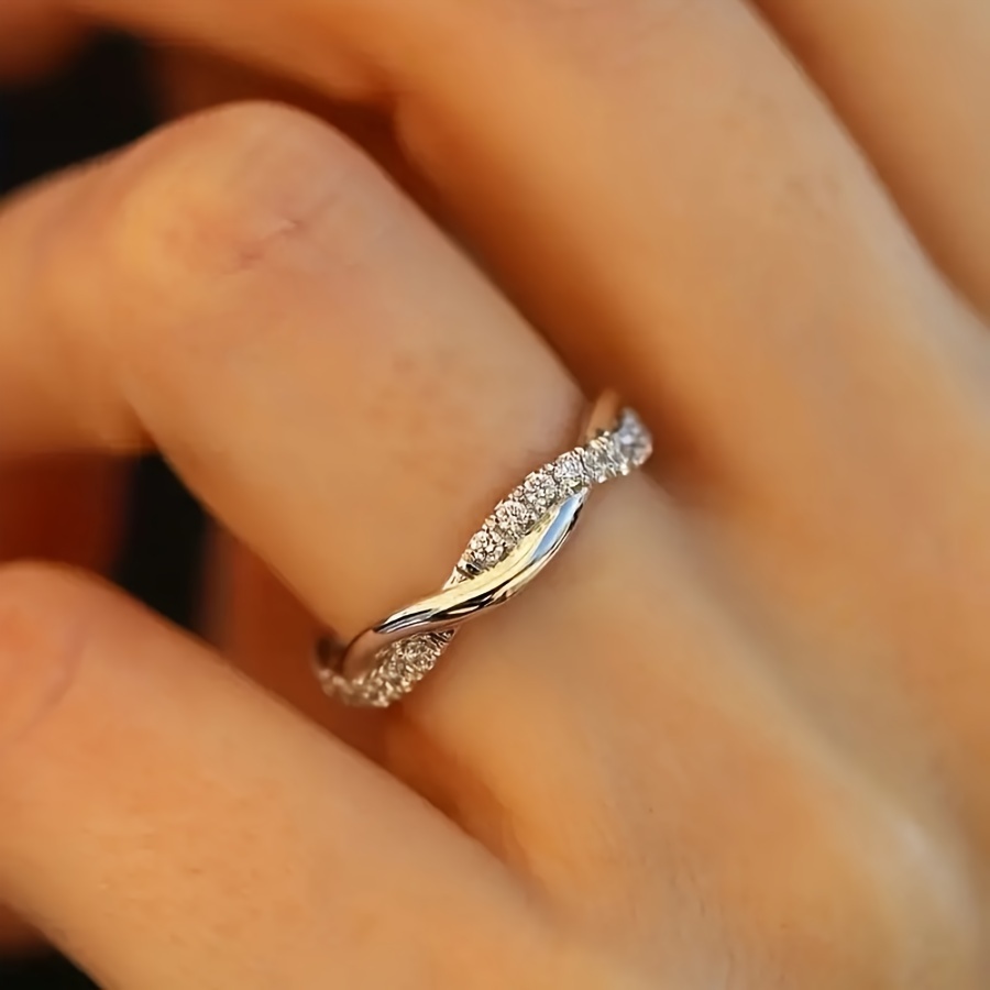 TEMU Elegant And Luxurious Copper Twist Wedding Ring Set With Synthetic Cubic, Double-sided Anti-oxidation, Suitable For Women - Valentine's Day,