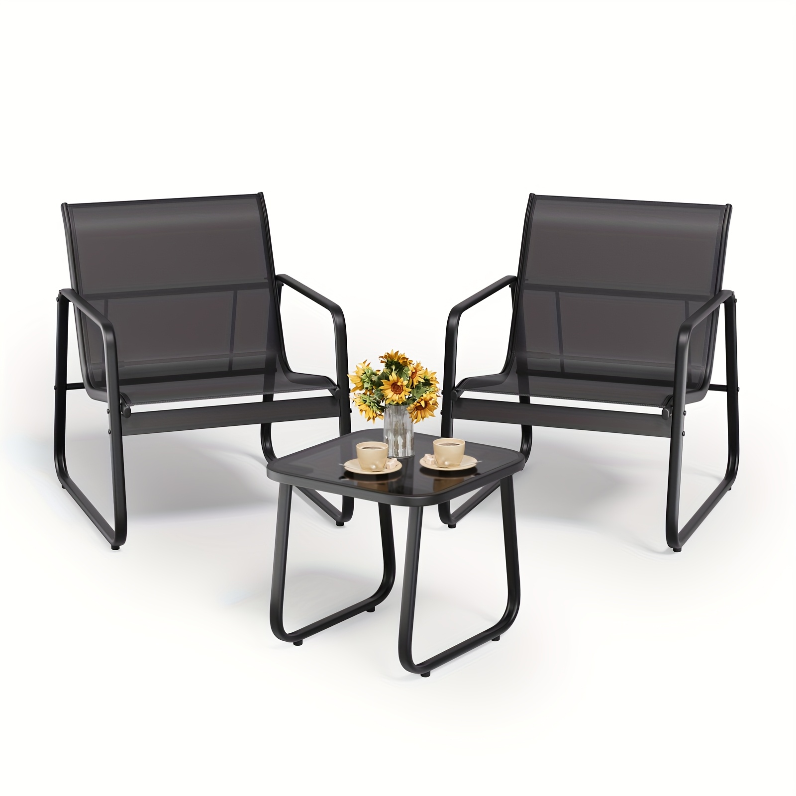 Image of Set Of 3 Pieces Including A Table And Chairs For , Featuring A Metal Frame And Glass Table, Suitable For Outdoor Use On , With A Lawn Pub Table And Chair Set That Has A Curved Backrest