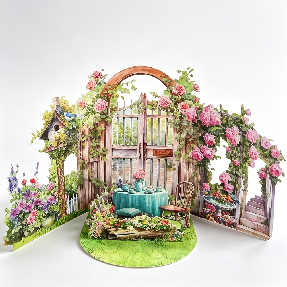 Image of 1pc Garden Pop-up Card - Featuring Birdhouse, Fountain, Lavender, Pink Roses, Stairs And More Elements, Vibrant , Perfect For Birthdays, Holidays, Spring/summer Parties, Weddings, Country Parties