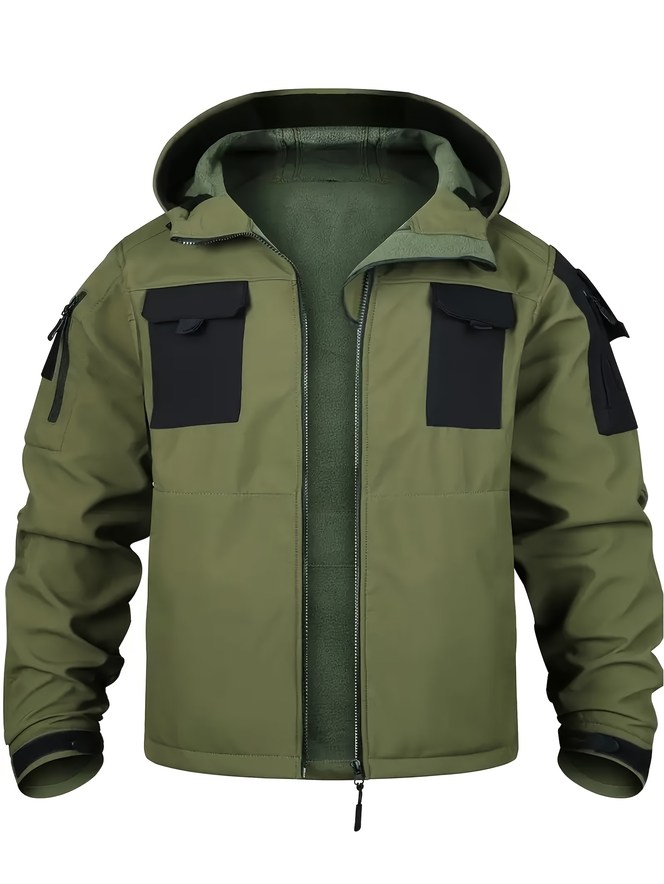 Men's Warm Hooded Zip-Up Shell Jacket with Pockets for Outdoor Activities
