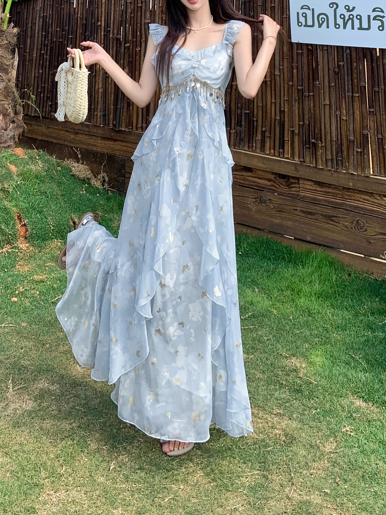 french style shimmering golden ruffle hem vacation - Temu Bahrain