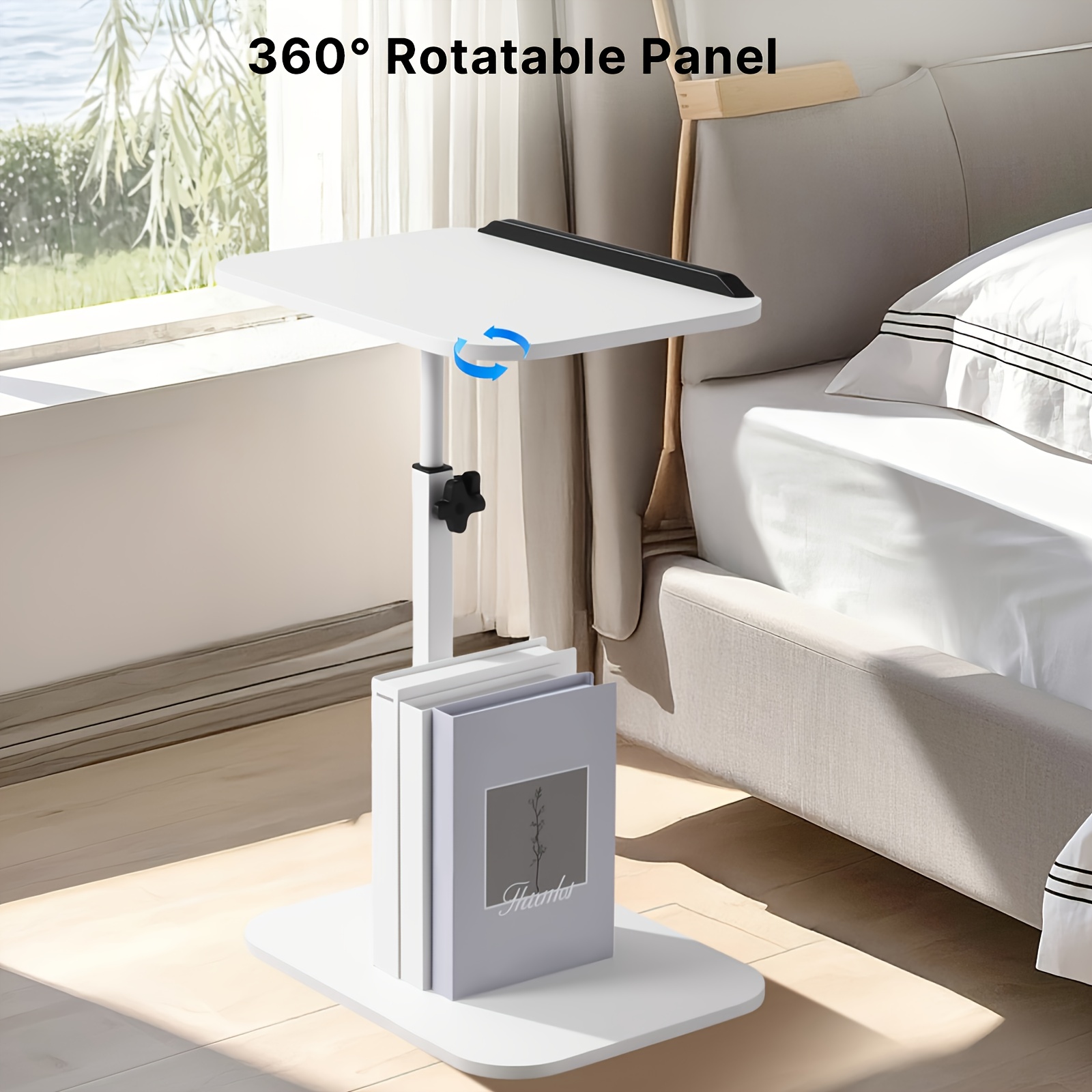 360° Rotating C-Shaped Side Table with Adjustable Height. Compact Stable Laptop Table, Strong Weight Capacity, Built In Storage, Durable Metal Hardwood Adjustable Side Table for Sofa, Bed, Or Bathtub for Home Desk, Coffee Table And Bedside Sofa