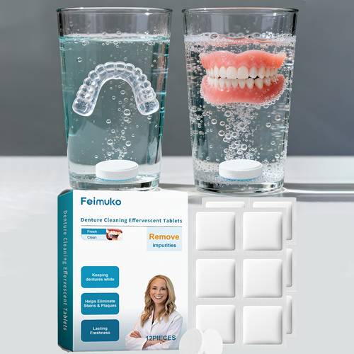 12pcs denture cleaning tablets with lemon acid suitable for dentures retainers orthodontic appliances gentle stain odor removal daily use portable