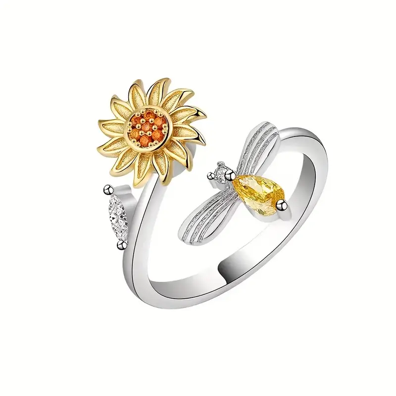 1pc pressure relieving copper micro inlaid rotating sunflower bee index finger ring festival gift for teenager Product details 2