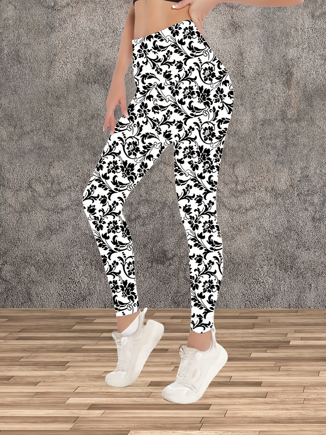 floral print high waist skinny leggings casual sporty tummy Temu