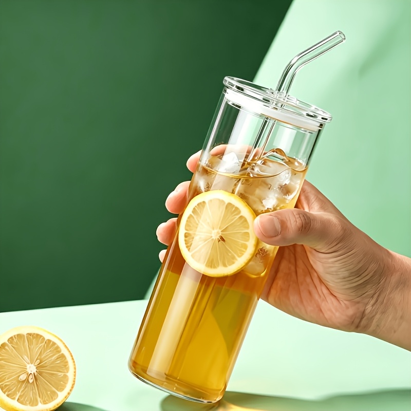 TEMU High- Silicon Glass With Lid And Straw, Transparent Reusable Glass Cup, Suitable For Lemonade, , Tea, Water, Etc., Home Office Drinking Cup Set