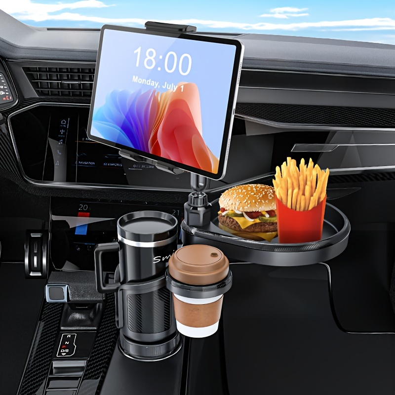 

4-in-1 Car Cup Holder Tray & Tablet/phone Mount - Dual Expandable Base, Abs Adjustable Rotatable Cradle - Compatible With 4.7-13" Devices