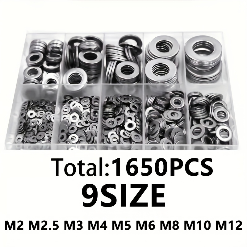 E-shop 1650-teiliges Sortiment aus Flachmuttern aus 304 Edelstahl - M2, M2.5, M3, M4, M5, M6, M8, M10, M12 - Robuste Konstruktion, für , Reparatur,