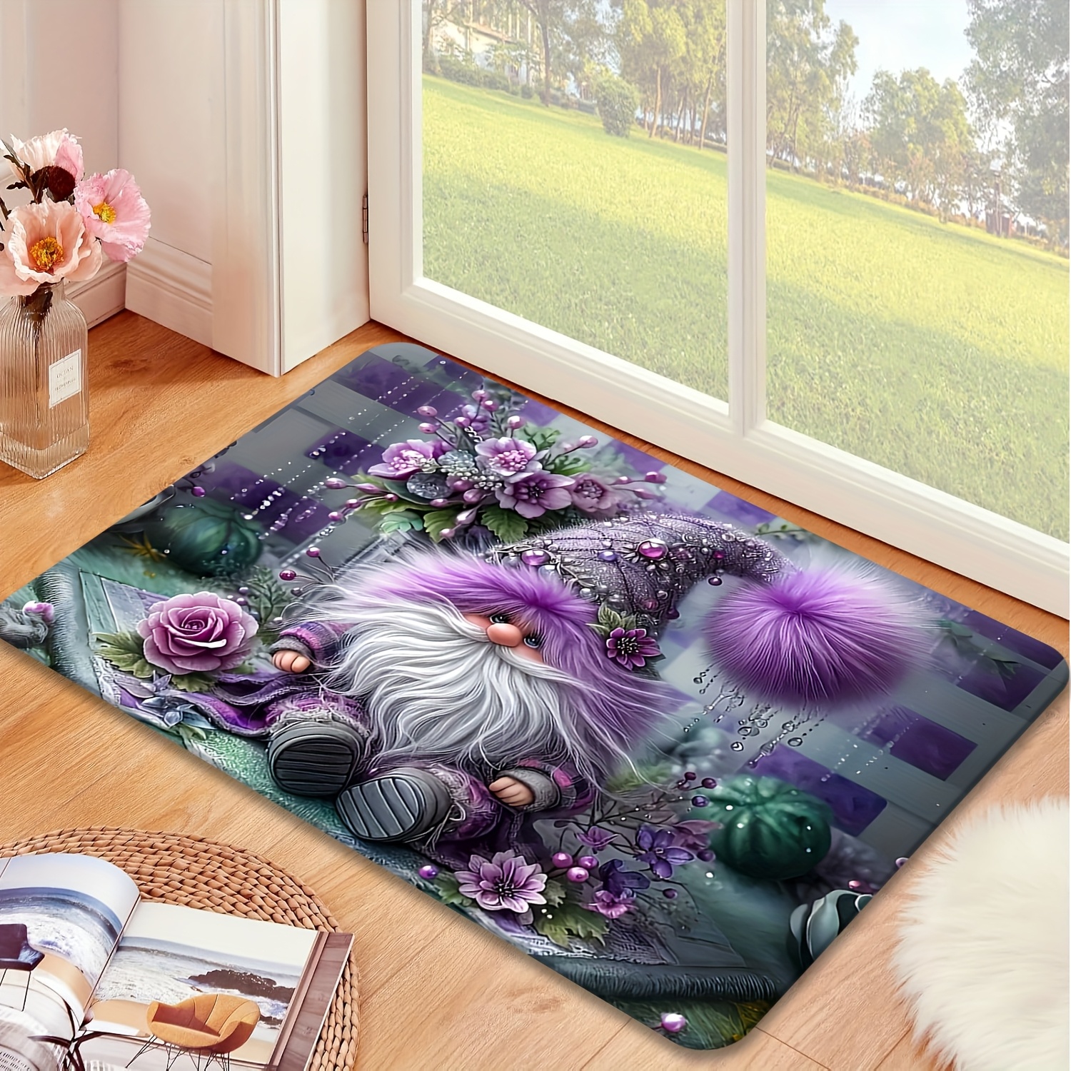 TEMU 1pc Soft Flannel Non-slip Mat Creative Gnome Purple Floral Pattern Door Mat Suitable For Laundry Room Decor, Kitchen Floor Mat, Washable