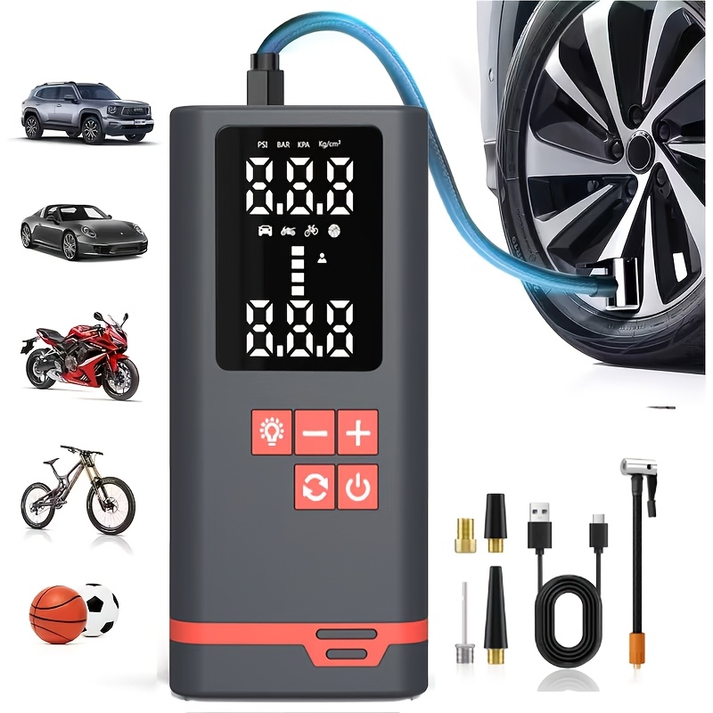商品图片 便携式轮胎充气泵，快速无线充气设备，配备数字显示屏、LED灯、USB充电功能，含多功能喷嘴适配器及锂电池，适用于汽车、摩托车、自行车轮胎、球类、汽车配件及运动器材