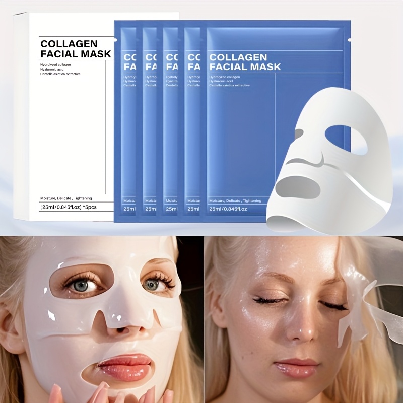 5pcs Collagen Facial Masks, Hydrating Face Sheet Masks with Collagen, Paraben-Free & Hypoallergenic, for Face, Eyes, Mouth, Neck - Suitable for All Light Beige Types (Sensitive, Dry, Oily, Combination) - European Dermatology Inspired Skincare, Face Light Beige Care