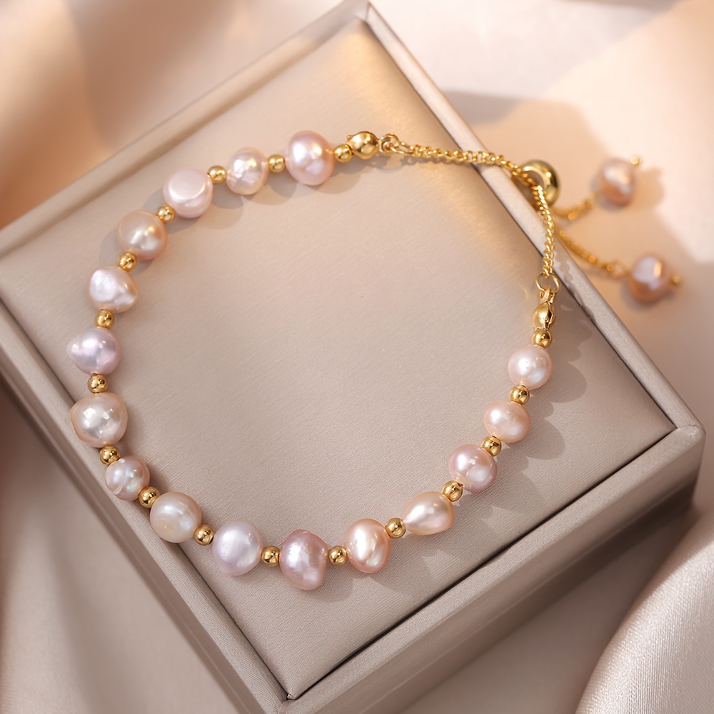 

Pink Freshwater Pearls For Women, Stainless Steel Chain, Lady's Temperament And Charm, Telescopic Luxury Pearl Bracelet