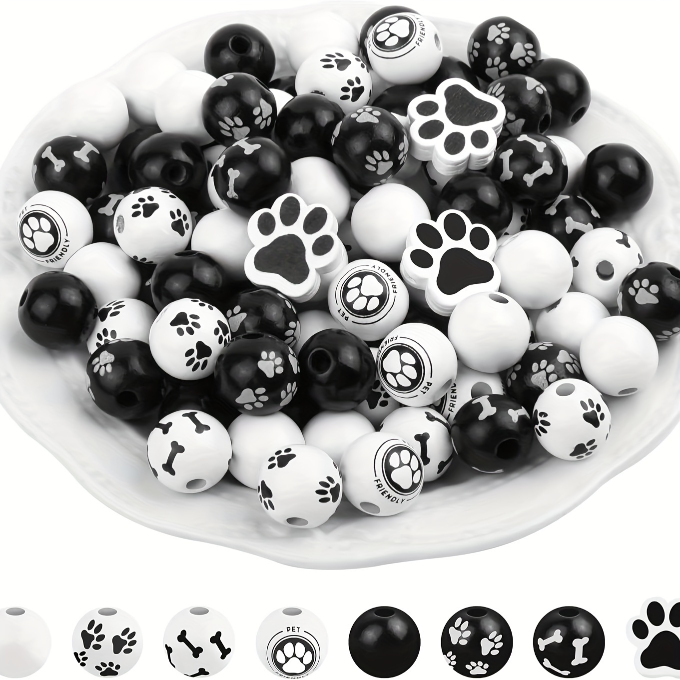 

100pcs Dog Wooden Beads - Black & White, , Easter Crafts, Dog Party Decorations &