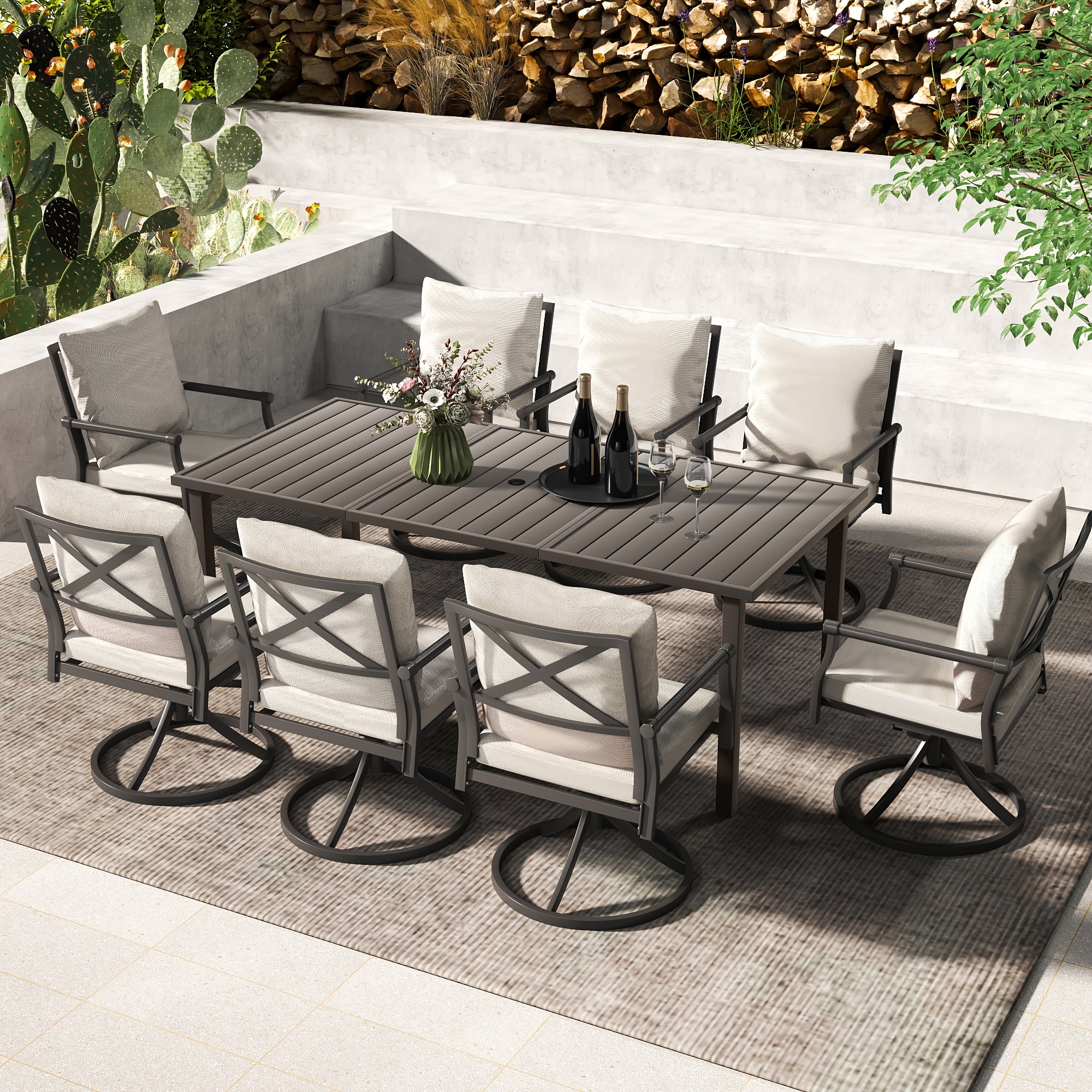 9pcs Outdoor Dining Arrangement - Patio Set for 8 People. Comes with 1 Rectangular Table And 8 Swivel Chairs with Cushions, Suitable for Lawn And Garden