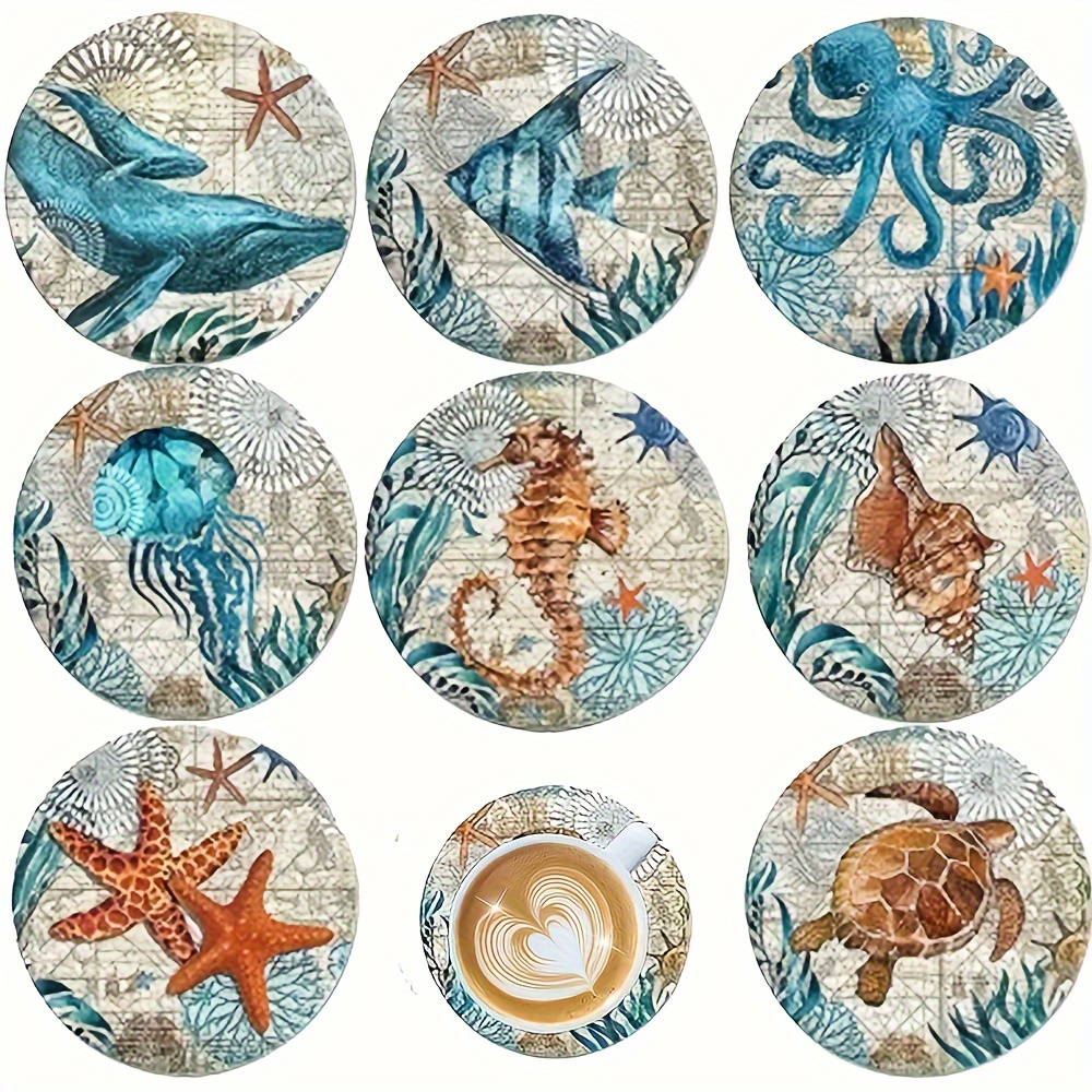 

Set Of 8 Wooden Coasters With Ocean-, Heat-resistant Drink Coasters With Prints, Anti-slip Table Protection Coasters For Home Décor, Ideal For Gifting