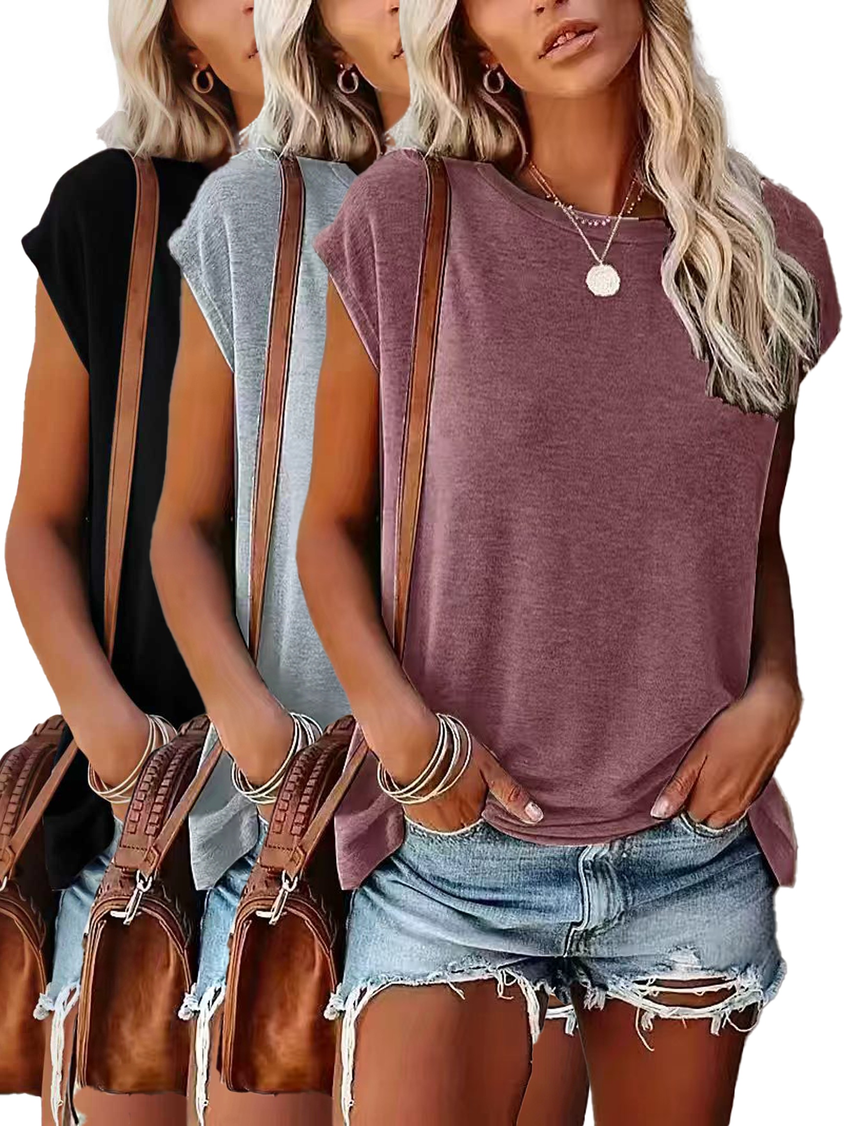 3pcs womens sleeveless batwing summer t shirts round neck batwing sleeve blouses solid color loose fit tops machine washable casual summer   in   no padding