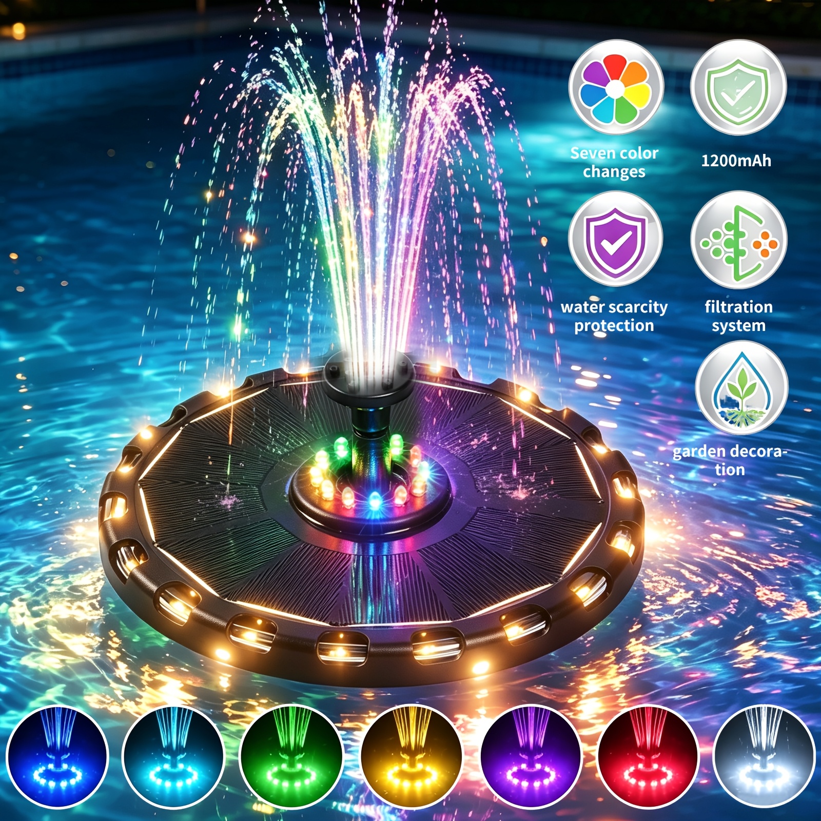 Pompe de fontaine flottante améliorée avec lumières LED RVB 7 couleurs
