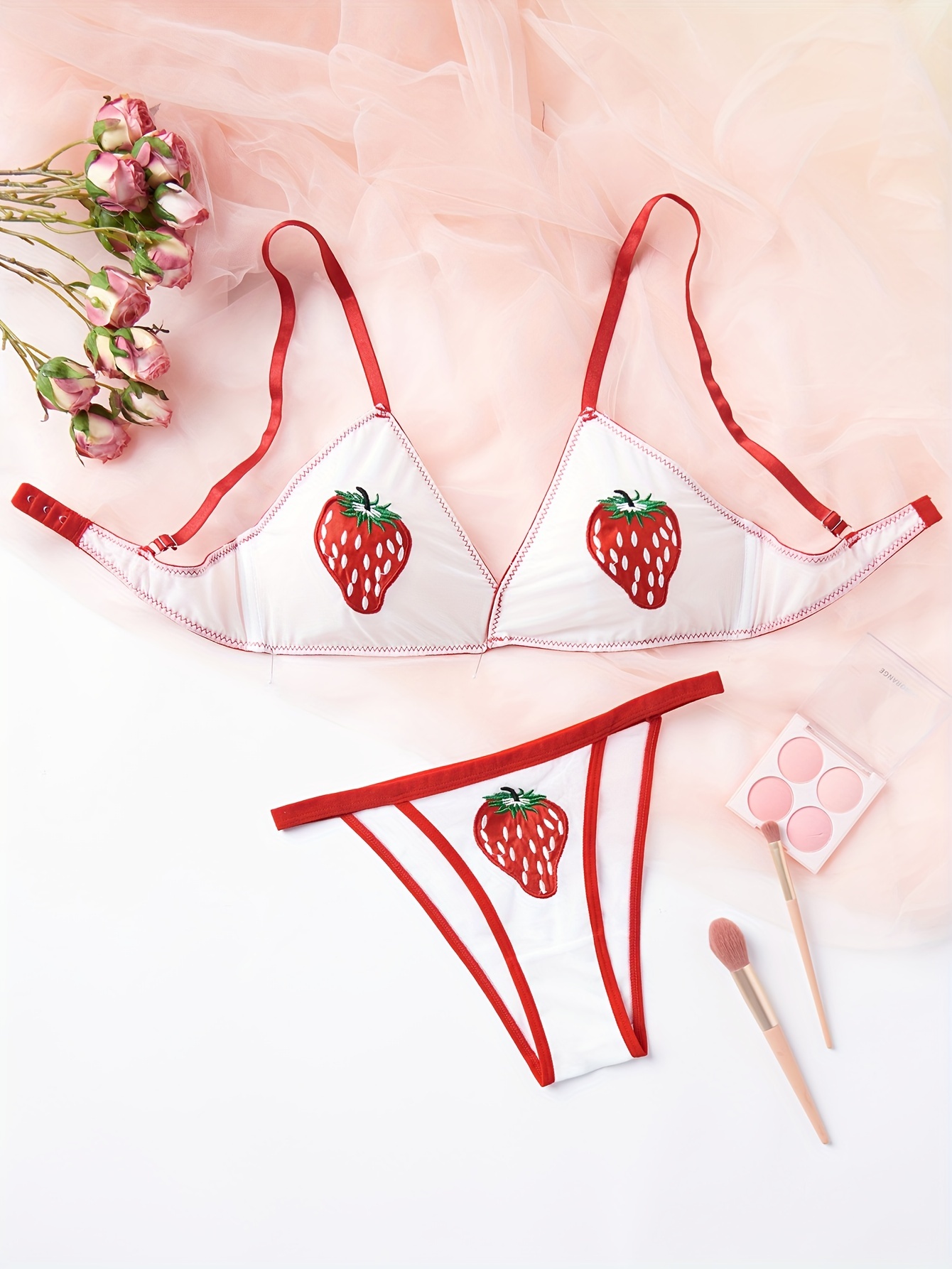 Strawberry Print Bra Panties Strapless Bra Elastic Panties - Temu
