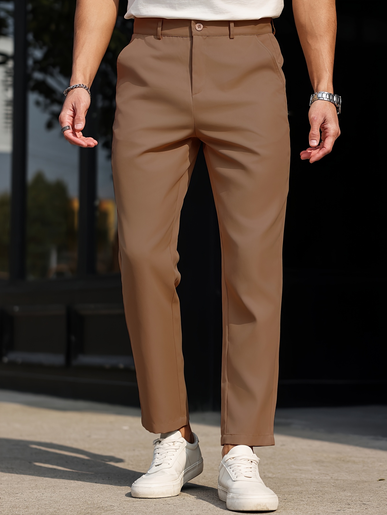 Men's Slim-Fit Casual Dress Pants - Solid Beige, Machine Washable, Straight Leg Design with Side Pockets, Perfect for Business or Leisure Outings, Allseason Trousers | Straight Leg Pants | Internal Zipper Closure