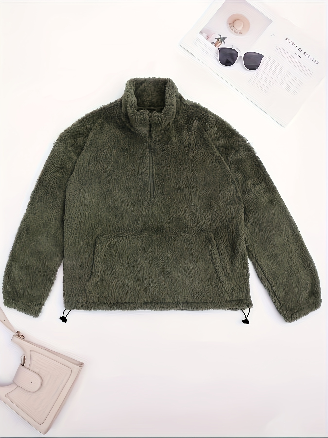 womens winter warm plush sweater with front zipper pockets cozy round neck pullover solid color casual sweatic for fall winter layering machine washable no stretch olive green 2