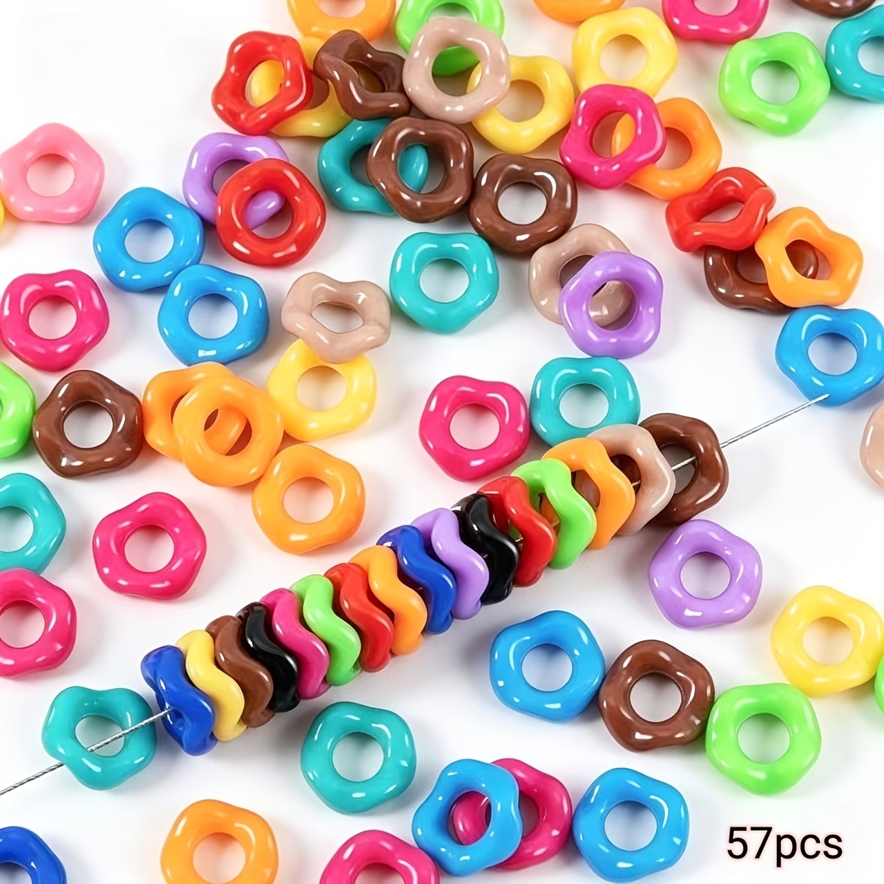 TEMU 15mm 57pcs Stacked Hexagon Acrylic Lace Hand-painted Macaron Random Wavy Bead Additions Loose Beads Suitable For Bracelet Beading, Phone Chain,