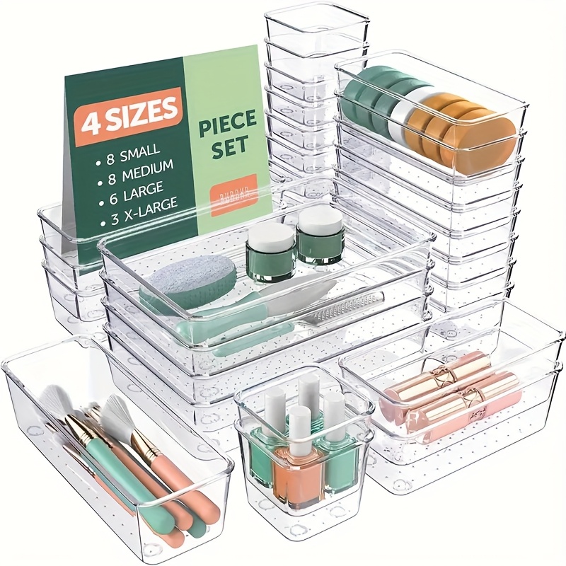 

Clear Plastic Drawer Organizer Bins, 4 Sizes Bathroom And Vanity Organizer Trays, Non-slip Makeup Storage Containers Multifunctional Makeup Local Warehouse