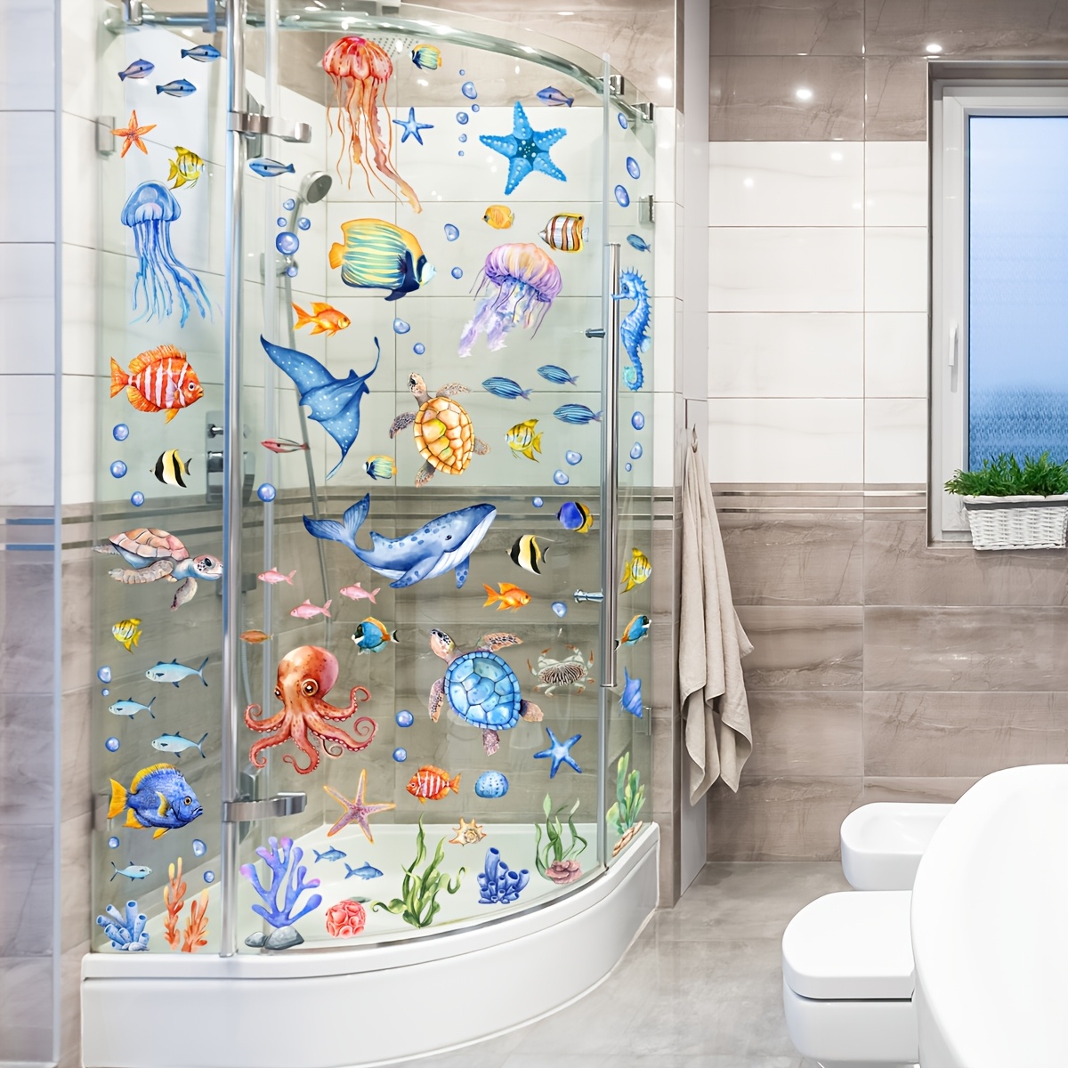 1 set 6pcs   ocean animals turtle jellyfish fish bathroom sticker decal for bathroom shower toilet decoratio 0