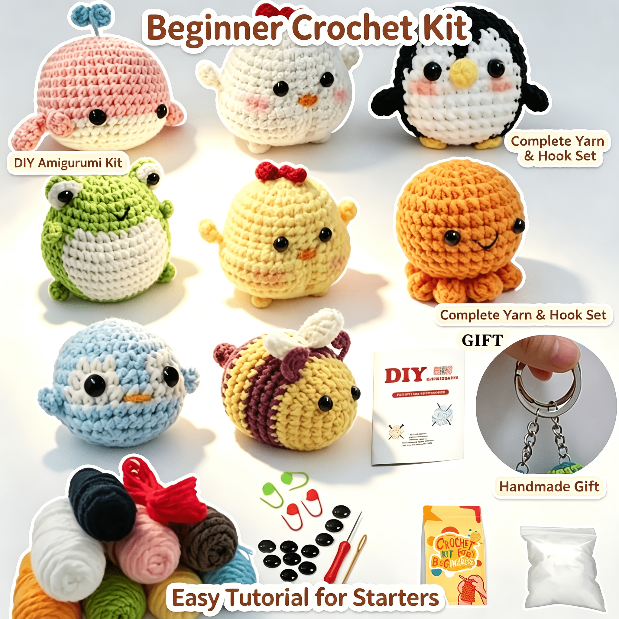 TEMU Kit de crochet cadeau de Noël 8 pièces pour débutants, kit de bricolage animal , ensemble de démarrage complet avec fil, crochets, garniture et