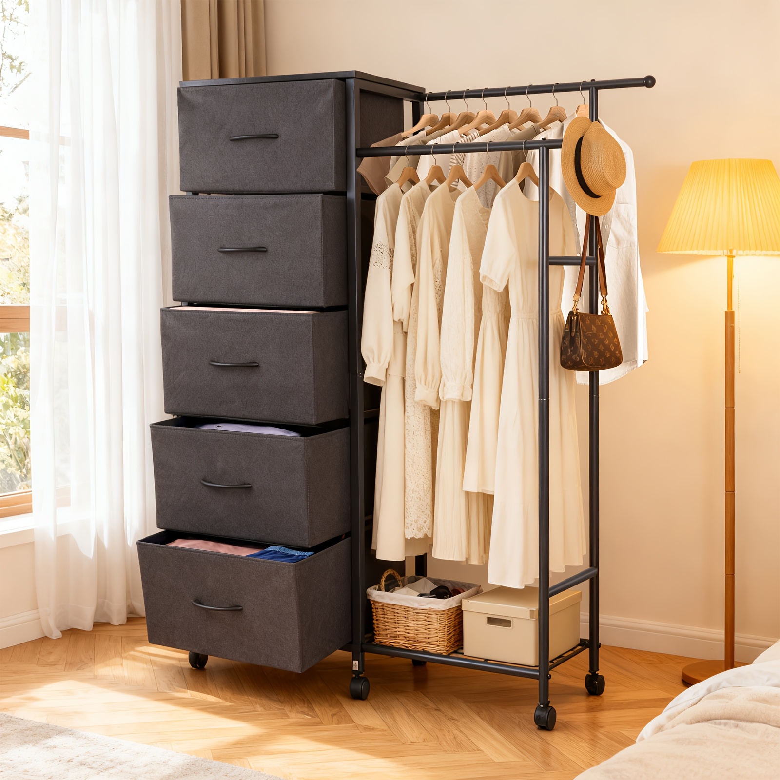TEMU 3-in-1 Chest Of Drawers Bedroom With Clothes Rail And 5 Fabric Drawers, Reversible Clothes Storage Cabinet For Bedside Closet Entryway Hallway