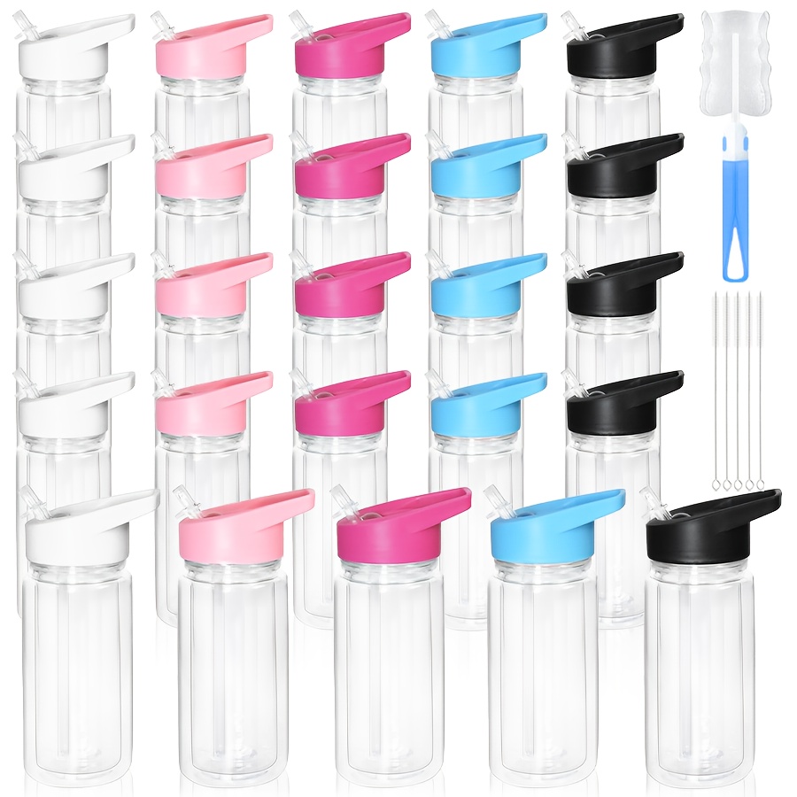 Image of Of 25 Ten-ounce Clear Plastic Cups With Double Walls, Featuring Vibrant Lids, Straws, Cup Cleaning Brushes, And Straw Cleaning Brushes. Great For Chilled Beverages
