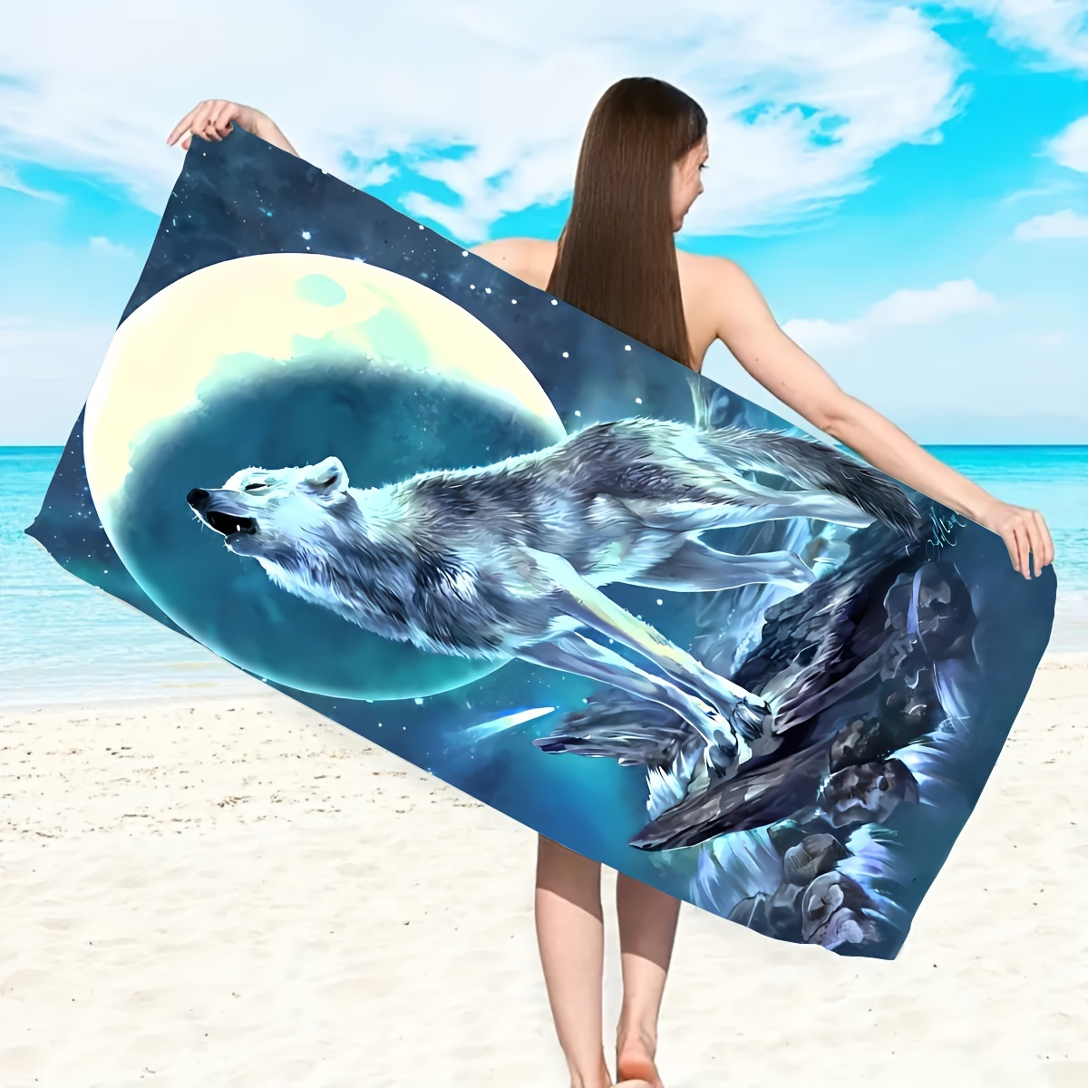 

1pc Oversized Wolf Beach Towel, Quick-dry, Ultra-soft, High Absorbency, Vibrant Design, 31.49" X 62.99" Inches, Perfect For Beach And Poolside Relaxation
