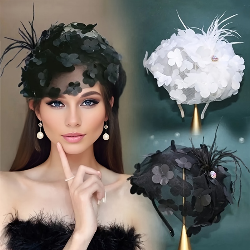 

1pc, Elegant Vintage Netting Flower Faux Feather Fascinator, Women's Headband Half Hat, Hair Accessory, Party, Retro Chic Headdress, Festive Gift, Versatile For Stage Performances And Dinners