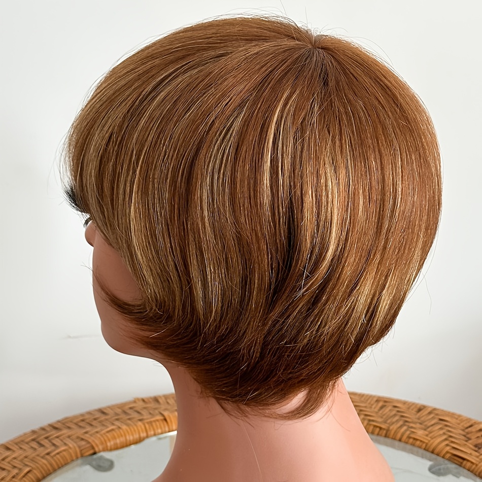 TEMU Perruques courtes à frange, cheveux naturels lisses pour femmes, mèche brune/blonde, couleur P4/27, 150%, coupe de cheveux lisses, perruque