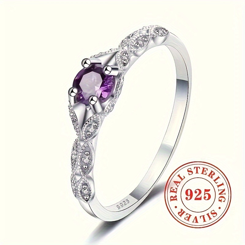 

1pc Bague d'Anniversaire pour Femme, 2.2g Argent Sterling 925 à 4 Griffes avec Bague en Synthétique Violette, Bijou de Mariage