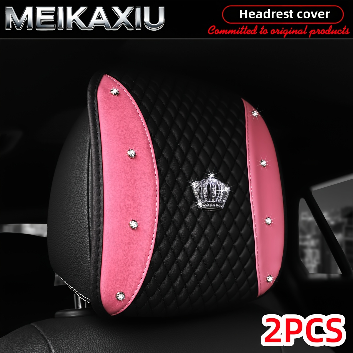 TEMU 1pc Or 2pcs Set Pu Leather Color-block Rhinestone-encrusted Crown Sparkling Bling Bling Car Headrest Covers, Automotive Decorative Accessories