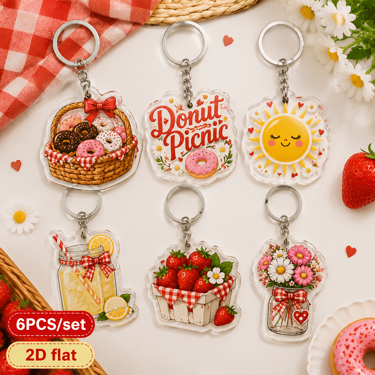 TEMU 2d Flat, [2d Flat] 6pcs Cute And Sweet Acrylic Keychain Set, Vibrant Summer Picnic Food And Drink Series: Donut, Strawberry, Lemon, Flower, Sun