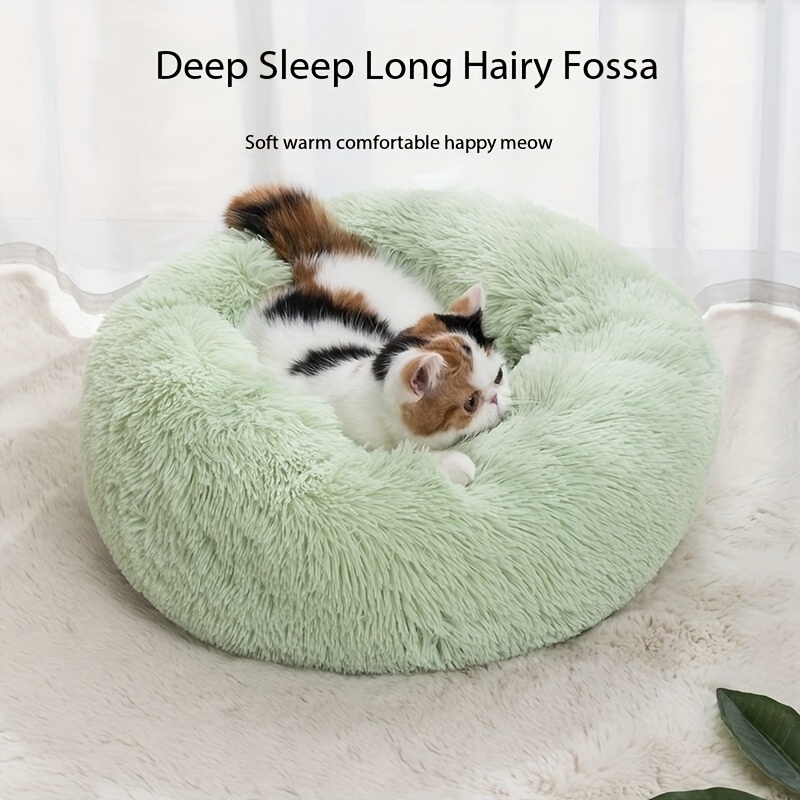 

Winter Pet Bed For - Soft, Warm, Non-assemblable, Polyester Round Nest In Light Green With Long Hair Design