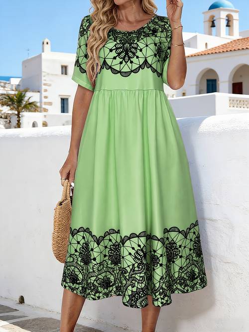item picture womens french style a line midi dress with pocket peach lace contrast short sleeve dress loose fit round neck suitable for beach vacations daily wear spring summer outfits machine washable dress