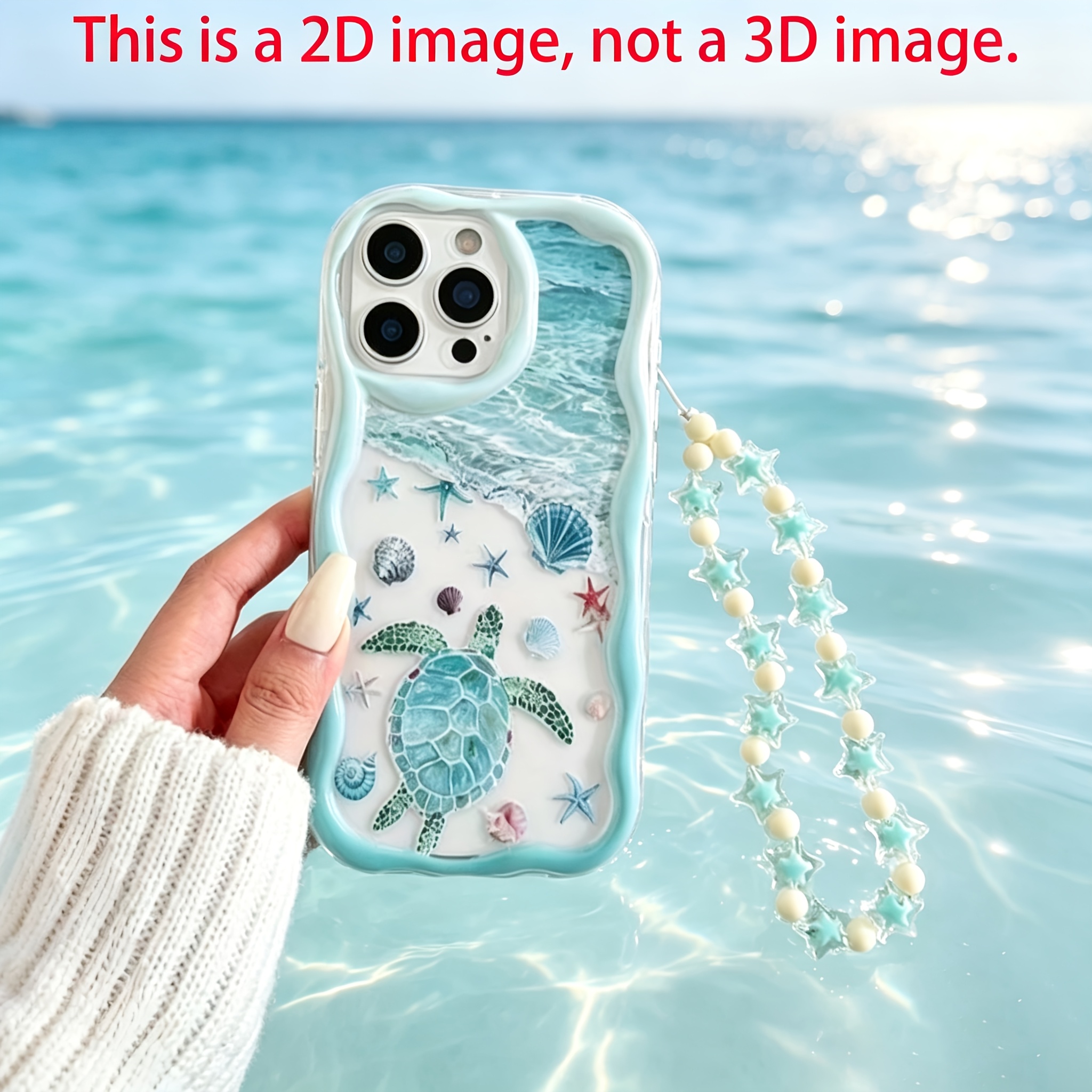 TEMU Coque de téléphone : Motif imprimé tortue de océanique avec bord 2D, avec lanière à breloque étoile, compatible avec iPhone 17/16/15/14/13/12