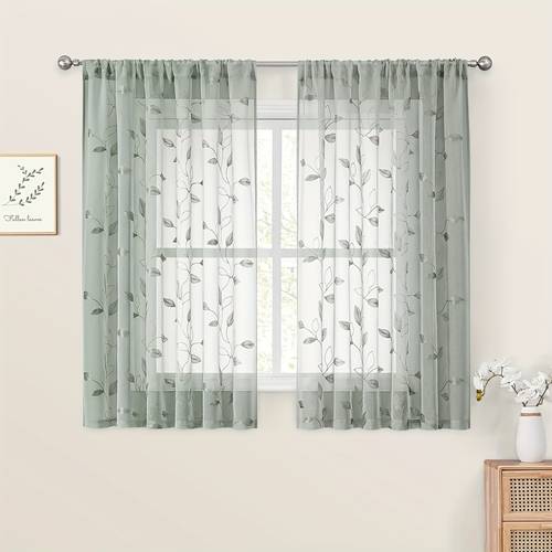 2pcs embroidered leaf pattern sheer curtains rod pocket polyester drapes for bedroom living room kitchen machine washable decorative window semi transparent bathroom
