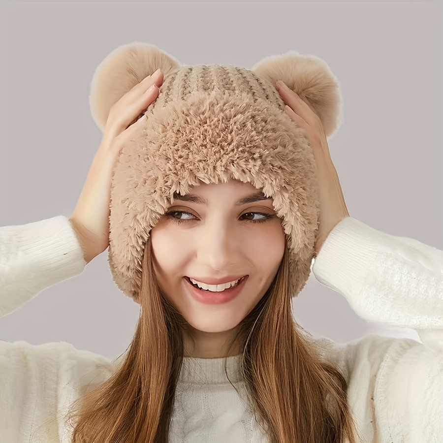 TEMU -lined Knit Beanie With Ear Flaps - Thick, Warm & Windproof Winter Hat For Women And Girls