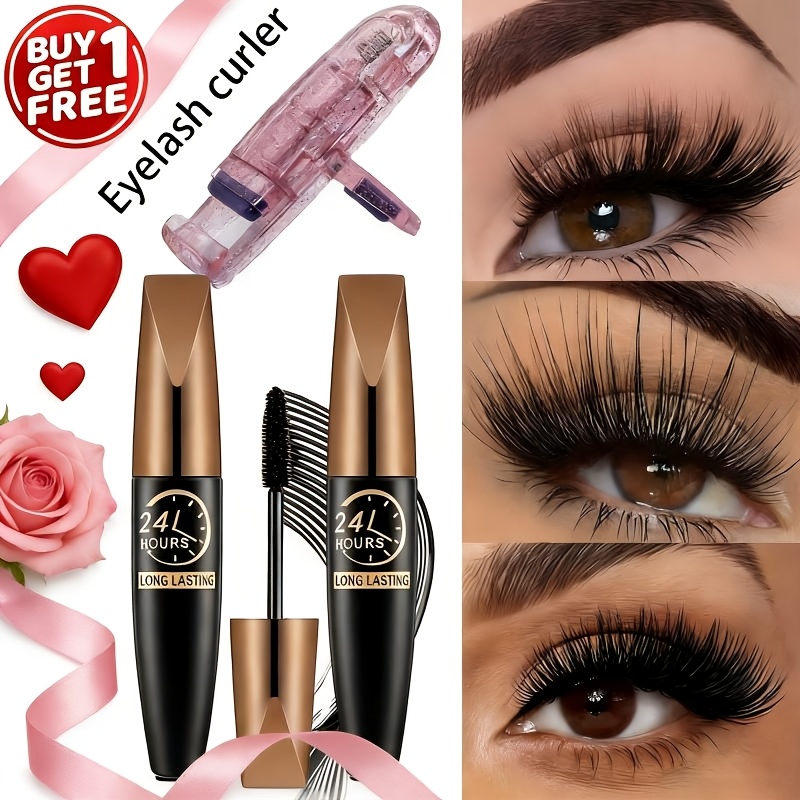 2pcs Waterproof Black Fiber Mascara with Eyelash Curler, Long-Wearing, Volumizing, No Clump, Smooth Application