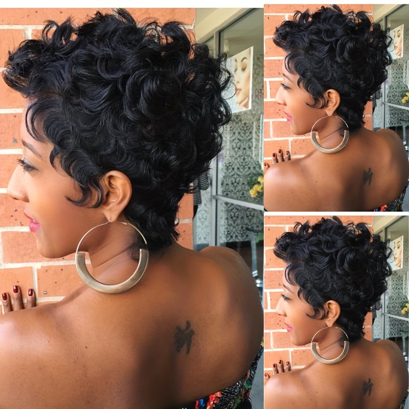 TEMU Synthetic Short Black Wigs For Women Featuring Wavy Hair, A Cut, And Curly Styles, Designed To Heat