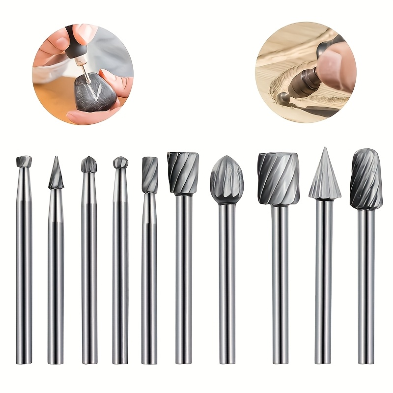 TEMU Jeu de 10 fraises rotatives en carbure, mèches pour meuleuse, outil de fraisage, de sculpture, d'ébavurage et de polissage pour métal, bois et ,